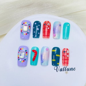Colorful Y2K Press On Nails | Funky Mismatched Nail Set | Abstract Art Nails | Gem & Rhinestone Nails | Summer Statement Nails