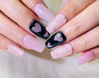 Handmade Pink Glitter Heart Coffin Press On Nails | Sparkly Y2K Nail Set