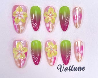Tropical Flower Press On Nails | 3D Hibiscus Floral Nails | Pink Green Ombre Nails | Summer Vacation Nail Set | Handmade Statement Nails