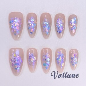 Iridescent Opal Press On Nails Aurora Shell Flake Handmade Almond Set