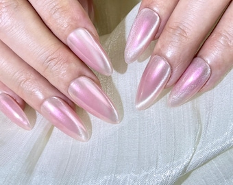 Pink Ombre Chrome Press On Nails | Soft Cat Eye Nails | Glazed Pink Almond Nails | Minimal Bridal Nail Set