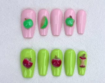 3D Apple Press On Nails | Cute Fruit Nail Art | Kawaii Pink Green Nails | Fun Summer Coffin Nail Set