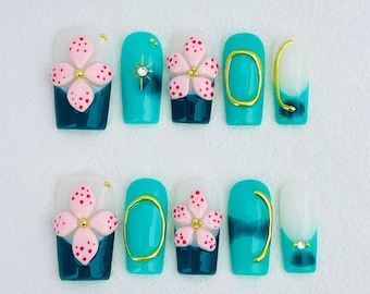 Uñas postizas con estampado floral turquesa / Uñas con efecto degradado floral 3D / Set de uñas cuadradas de verano tropical / Uñas con flores rosas