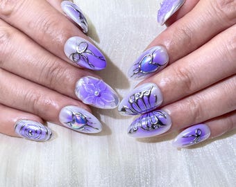 Uñas postizas con mariposa morada / Uñas almendradas cromadas lavanda / Set de uñas Fairycore Aura / Uñas de fantasía