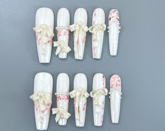 Bridal Bow Press On Nails | Pearl Ribbon Nails | Romantic Floral Nails | Coquette Wedding Nail Set | Custom Long Press On Nails