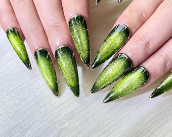 Green Cat Eye Press On Nails | Emerald Gold Outline Nails | Luxury Chrome Almond Nails | Handmade Gemstone Nail Set