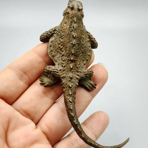 May include: A detailed bronze sculpture of a lizard, featuring textured skin and a long, curved tail. The sculpture is held in a hand, showcasing its intricate design and craftsmanship. The lizard's body is covered in small, spiky details.
