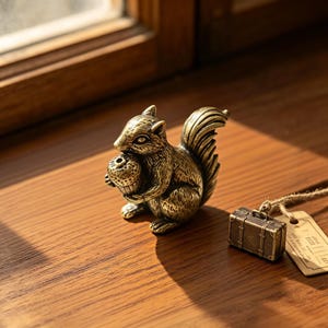 May include: A small brass squirrel figurine holding an acorn in its front paws, featuring detailed fur texture and a curved tail. Beside it sits a miniature rectangular brass suitcase charm attached to a piece of twine with a small paper tag.