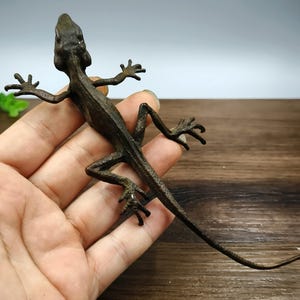 Può includere: Una statuetta di lucertola color bronzo con arti distesi e una lunga coda. La scultura dettagliata è tenuta in una mano, mostrando il suo design e la sua consistenza intricati. La posa della lucertola suggerisce movimento.
