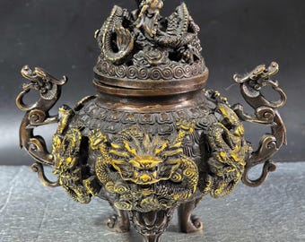 Antique copper Nine Dragon Incense Burner, Vintage Copper Ornament, Home Desktop Crafts