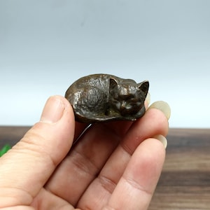 Könnte beinhalten: Kleine Katzenfigur aus Bronze in Ruheposition. Die Katze ist zusammengerollt, der Kopf ruht auf den Pfoten. Die Figur hat eine detaillierte Textur und eine dunkle, gealterte Patina. Die Katze wird in einer Hand gehalten.