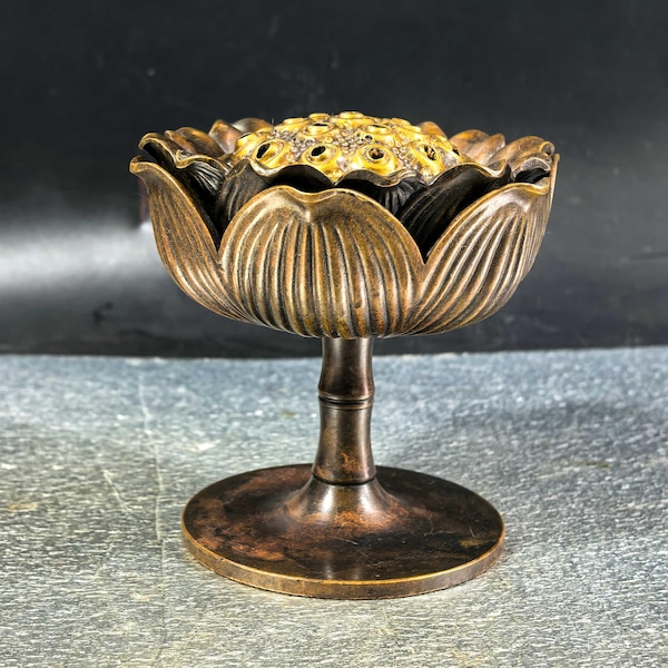 Brass Vintage Lotus Flower Incense Burner ornament/home desktop Crafts decoration