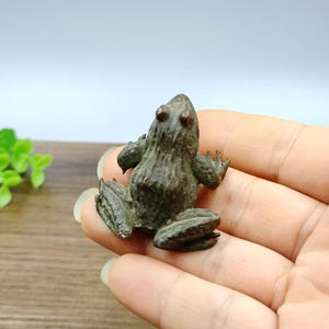 May include: A small, bronze-coloured frog figurine. The frog has detailed, textured skin and prominent eyes. The figurine is held in a hand, showing its size and intricate design. The frog is a decorative item.