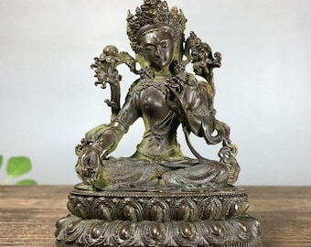 Pure copper antique Green Tara Bodhisattva  statue  / Home interior decoration ornament
