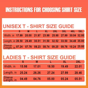 May include: A size guide for unisex and ladies t-shirts, with measurements in inches. The guide includes width, length, and sleeve length for various sizes, from S to 5XL for unisex and S to 2XL for ladies.