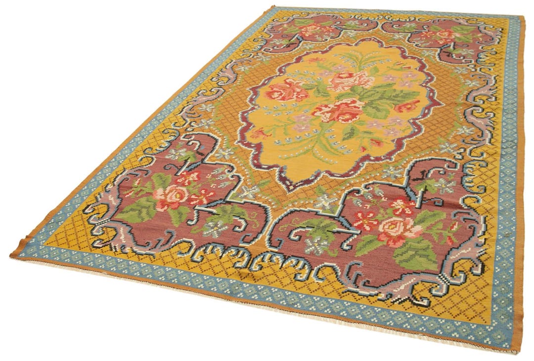 Yellow Floral Wool Rug: Handwoven Vintage Cotton Blend - Etsy
