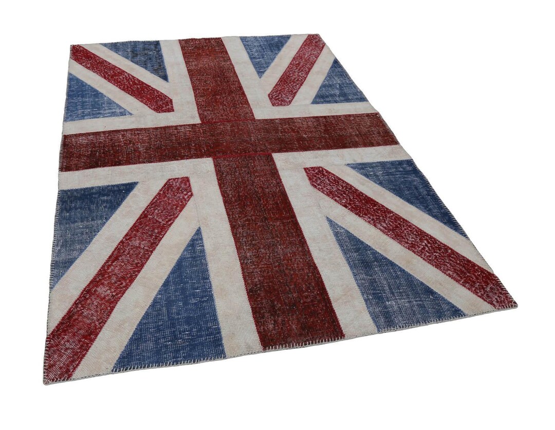 Union Jack Rugg Vintage Union Jack Patchwork Wool Rug: Handwoven Turkish Carpet (5'8