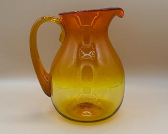Vintage Blenko Glass Tangerine 543 Pitcher Wayne Husted 8” Tall MCM Art Glass