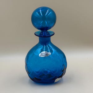 Carafe à bulles vintage Blenko Glass bleu turquoise 715 avec autocollant d'origine et