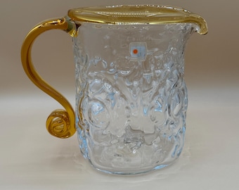 Vintage Blenko Glass 9428 Zweifarbiger, strukturierter Krug aus Kristall und Topas, Hank Adams