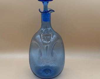 Vintage Blenko Glass Sky Blue 49 Pinched Decanter with Stopper 10.5”