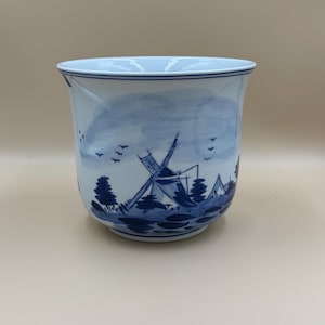 Vintage Blue & White Glazed Stoneware Planter with Delft-Style Decorations 6”