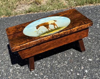 Taburete rústico vintage de madera pintado a mano con motivo de potro Appaloosa estilo cabaña.