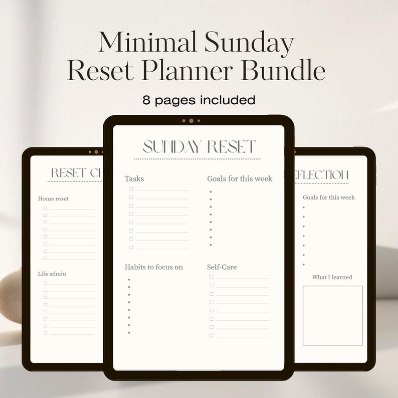 Sunday Reset Planner | Minimalist Weekly Reflection, Self-care (digital ...