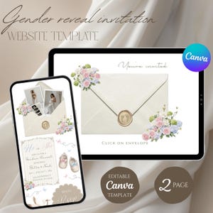 May include: A digital gender reveal invitation template displayed on a smartphone and tablet. The design features an envelope with floral accents, baby shoes, and the text "He or She". The Canva template is editable and includes two pages.