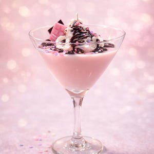 May include: A pink cocktail in a stemmed glass, topped with whipped cream, chocolate syrup, and sprinkles. A piece of pink and dark chocolate is placed on the side. The drink is set against a soft pink background.