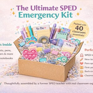 May include: A cardboard box filled with classroom essentials, including fidgets, pens, stickers, and mini notebooks. The box is labeled "The Ultimate SPED Emergency Kit" and contains 40 classroom essentials. The kit is designed for SPED teachers and classroom emergencies.