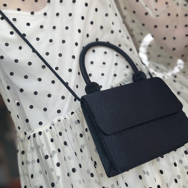 Vintage Bill Blass Black Satin Mini Top Handle Bag Beaded Detail Evening Purse Crossbody