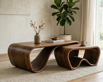Walnut Sculptural Nesting Coffee Table Set, Japandi Organic Modern Wood Furniture