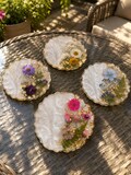 Floral Resin Coaster Set with Holder | Pressed Flowers, Gold Flake Decor