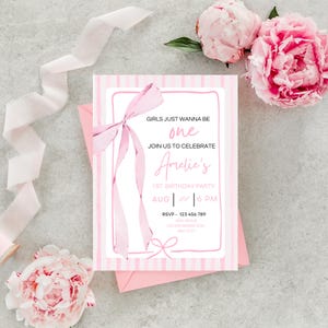 Girls Just Wanna Be One Birthday Invitation | Pink Bow Coquette First Birthday Invite for Girls | Canva Editable