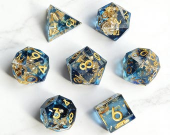 Vergoldete Azurblaue DND D20 Würfel, Harz Sharp Edge Würfelset, D & D Würfelset für Dungeons and Dragons, Polyedrische Goldfolie Würfelset
