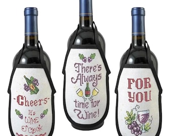 Conjunto de 3 patrones de delantal para botella de vino con bordado en punto de cruz (Tutorial en PDF)