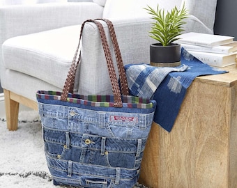 Patrón de bolso de tela vaquera con rombos y patchwork: descarga digital de bolso de tela vaquera reciclada.