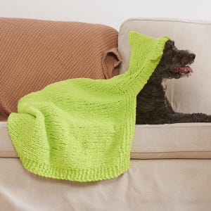 May include: A bright green knitted blanket draped over a beige sofa. The blanket is thick and textured, with a ribbed border. A black dog is resting on the sofa, with the blanket partially covering its head. The background includes a brown pillow.