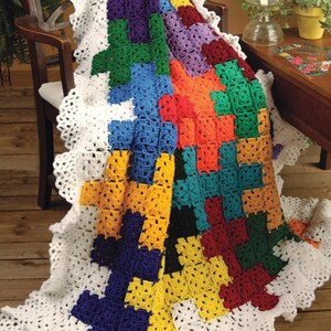 Crochet Colorful Patchwork Granny Square Puzzle Interlocking Geometric Afghan Pattern Tutorial Digital PDF Download