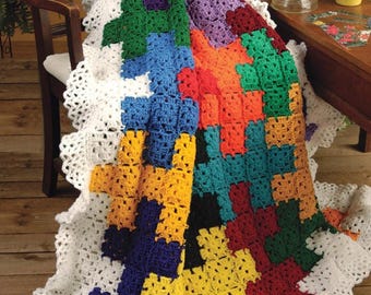 Gehäkelte bunte Patchwork Oma Quadrat Puzzle Ineinander greifen Geometrische Afghan Muster Anleitung Digitale PDF-Download