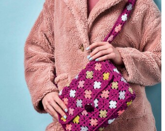 Patrón de bolso de ganchillo multicolor estilo patchwork con cuadrados estilo abuela. Tutorial para descargar en formato PDF digital.