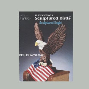 May include: A book cover with a plastic canvas pattern for a sculpted eagle. The eagle is brown, white, and yellow, perched on a book with an American flag. The text reads "PLASTIC CANVAS Sculptured Birds Sculptured Eagle" and "PDF DOWNLOAD".