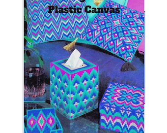 Juego de posavasos y funda para caja de pañuelos con diseño de lona de plástico Bargello vintage (descarga digital)