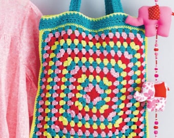 Patrón digital en PDF para descargar de un bolso de mercado cuadrado de patchwork colorido de ganchillo. Tutorial de estilo retro.
