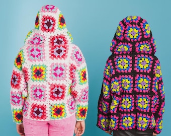 Patrón de instrucciones para sudadera con capucha de crochet fácil de Grandma Square: Chaqueta retro con bloques de color (XS-5XL) Descarga digital