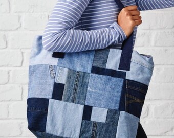 Patrón de costura para bolso tote de patchwork de mezclilla reciclada. Tutorial para bolso de hombro. Descarga digital en PDF.