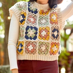 Instruções para o molde do colete quadrado estilo boho retrô da vovó em crochê – Modelo com vários tamanhos – Download digital – Nível intermediário
