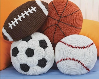 Juego de 4 patrones de almohadas de pelota deportiva de crochet para baloncesto, béisbol, fútbol, fútbol, descarga digital