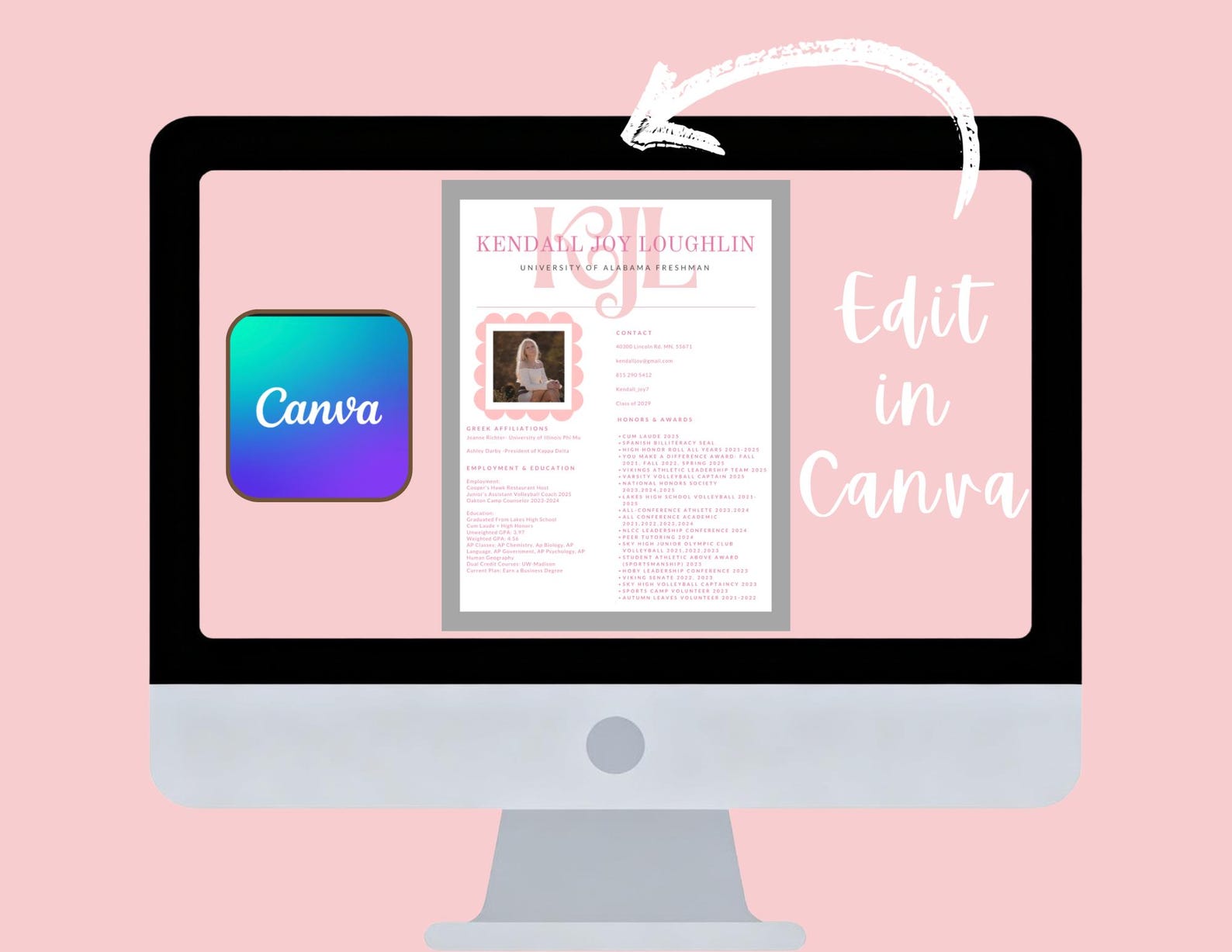 Sorority Resume Template, Editable Canva Design (digital Download) Etsy